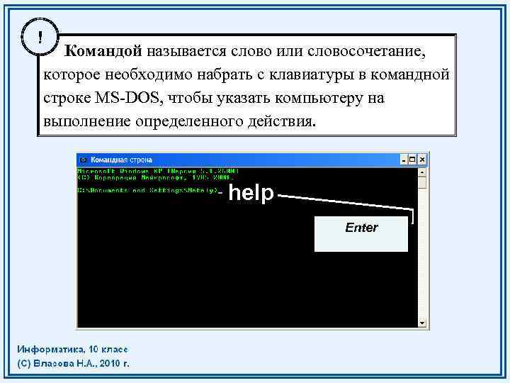 ! Командой называется слово или словосочетание, которое необходимо набрать с клавиатуры в командной строке