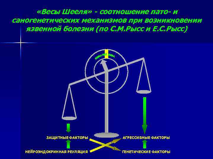  «Весы Шееля» - соотношение пато- и саногенетических механизмов при возникновении язвенной болезни (по