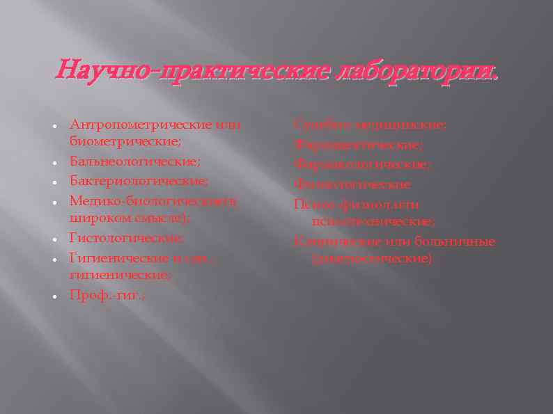 Научно-практические лаборатории. Антропометрические или биометрические; Бальнеологические; Бактериологические; Медико-биологические(в широком смысле); Гистологические; Гигиенические и сан.