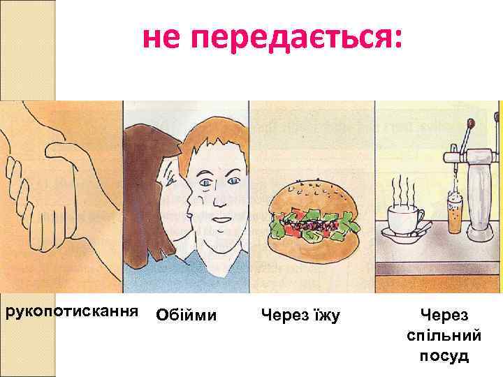не передається: рукопотискання Обійми Через їжу Через спільний посуд 
