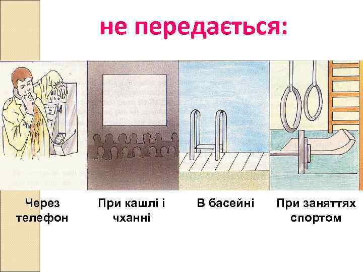 не передається: Через телефон При кашлі і чханні В басейні При заняттях спортом 