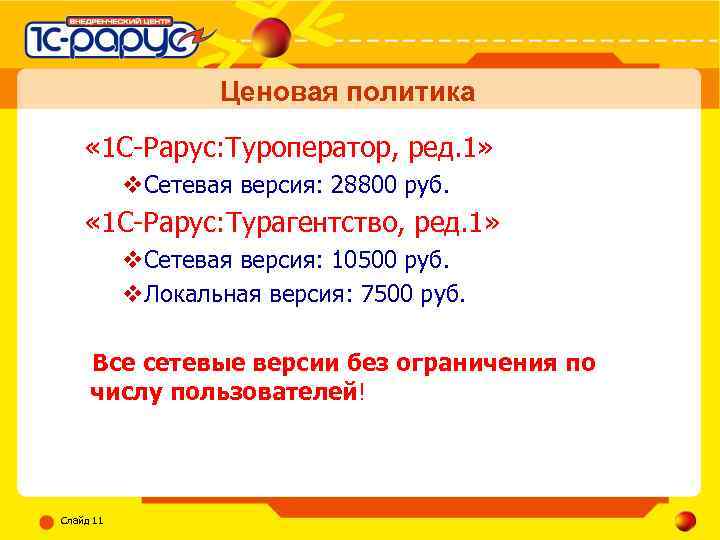 Ценовая политика « 1 С-Рарус: Туроператор, ред. 1» v. Сетевая версия: 28800 руб. «