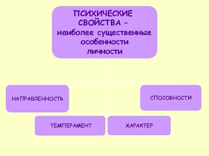 ПСИХИЧЕСКИЕ СВОЙСТВА – наиболее существенные особенности личности НАПРАВЛЕННОСТЬ ТЕМПЕРАМЕНТ СПОСОБНОСТИ ХАРАКТЕР 