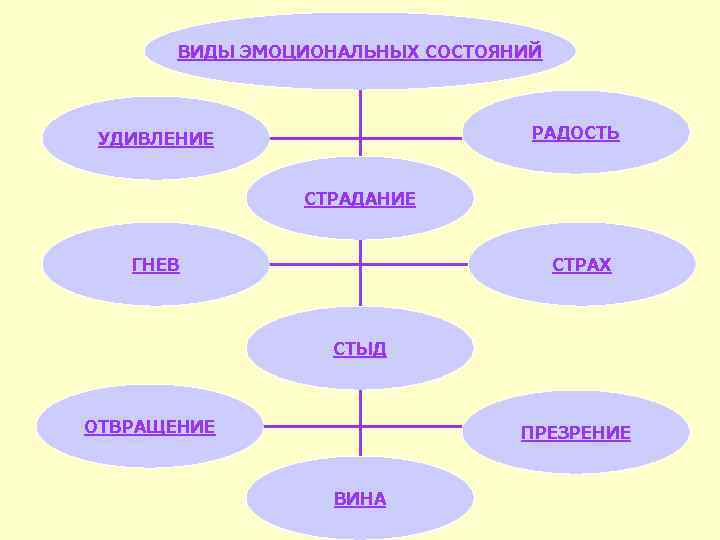 ВИДЫ ЭМОЦИОНАЛЬНЫХ СОСТОЯНИЙ РАДОСТЬ УДИВЛЕНИЕ СТРАДАНИЕ ГНЕВ СТРАХ СТЫД ОТВРАЩЕНИЕ ПРЕЗРЕНИЕ ВИНА 