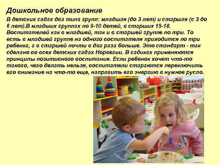 Дошкольное образование В детских садах два типа групп: младшая (до 3 лет) и старшая