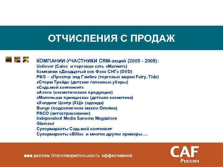 ОТЧИСЛЕНИЯ С ПРОДАЖ КОМПАНИИ-УЧАСТНИКИ CRM-акций (2005 - 2008): Unilever (Calve и торговая сеть «Магнит»