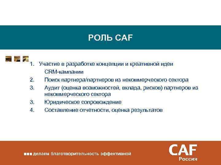 РОЛЬ CAF 1. Участие в разработке концепции и креативной идеи CRM-кампании 2. Поиск партнера/партнеров