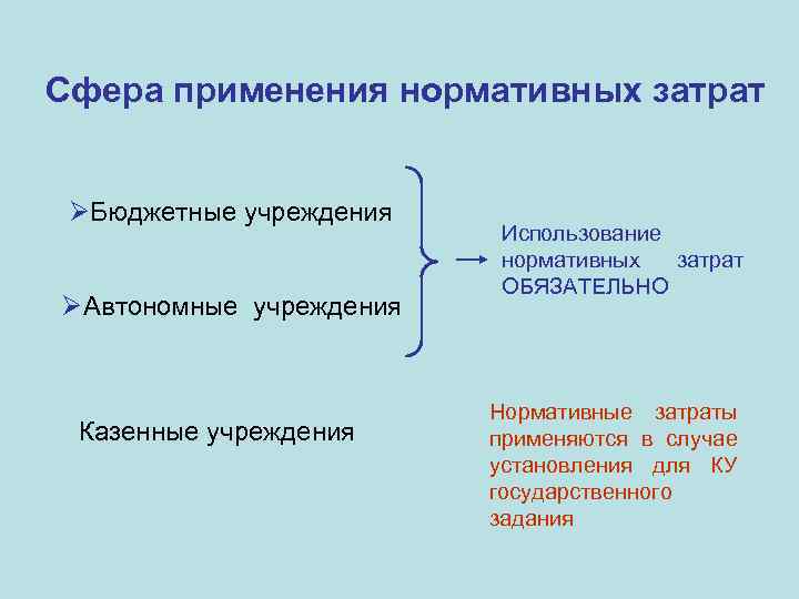 Сфера применения нормативных затрат ØБюджетные учреждения ØАвтономные учреждения Ø Казенные учреждения Использование нормативных затрат