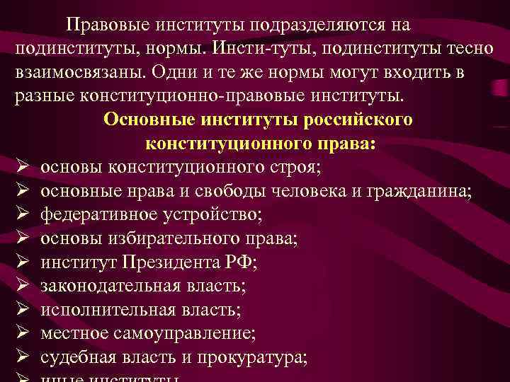 Правовой институт. Институты и подинституты права. Подинститута конституционного права. Основные институты российского конституционного права. Институты подразделяются на.