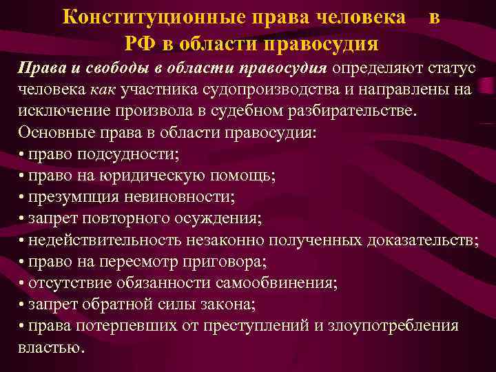 Конституционные права человека в РФ в области правосудия Права и свободы в области правосудия