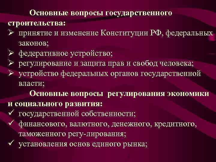 Основные вопросы государственного строительства: Ø принятие и изменение Конституции РФ, федеральных законов; Ø федеративное