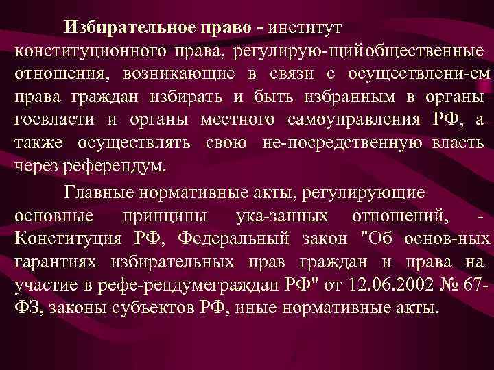 Избирательное право - институт конституционного права, регулирую щий общественные отношения, возникающие в связи с