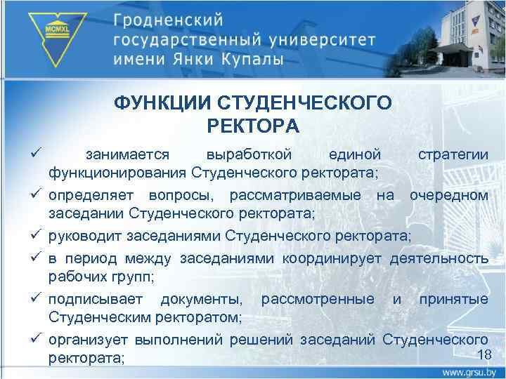 ФУНКЦИИ СТУДЕНЧЕСКОГО РЕКТОРА ü ü ü занимается выработкой единой стратегии функционирования Студенческого ректората; определяет