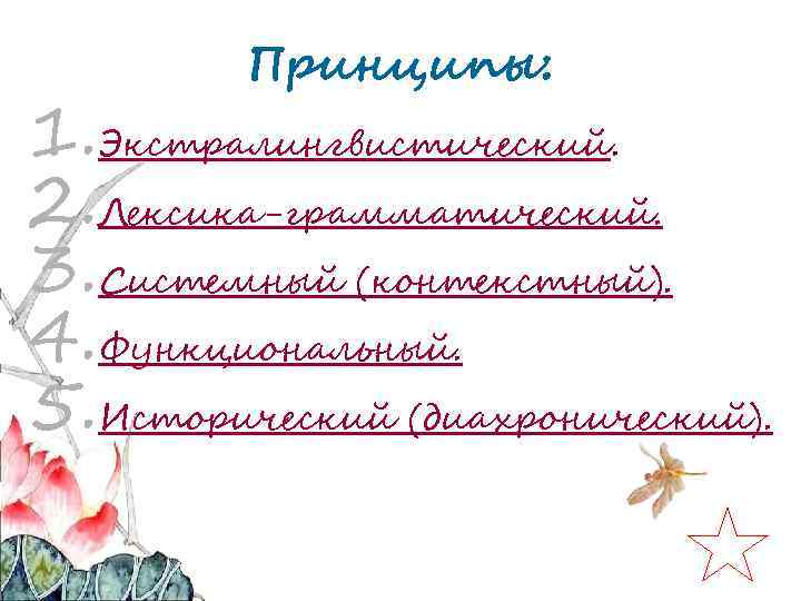 Принципы: 1. Экстралингвистический. 2. Лексика-грамматический. 3. Системный (контекстный). 4. Функциональный. 5. Исторический (диахронический). 