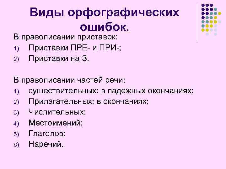 Виды орфографических ошибок. В правописании приставок: 1) Приставки ПРЕ- и ПРИ-; 2) Приставки на