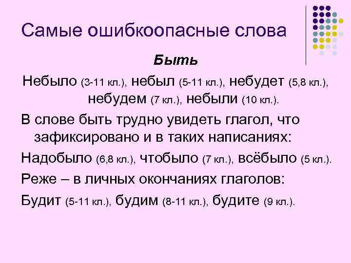 Самые ошибкоопасные слова Быть Небыло (3 -11 кл. ), небыл (5 -11 кл. ),