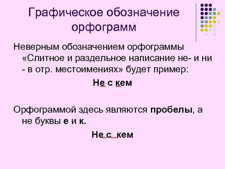 Графическое обозначение орфограмм Неверным обозначением орфограммы «Слитное и раздельное написание не- и ни -