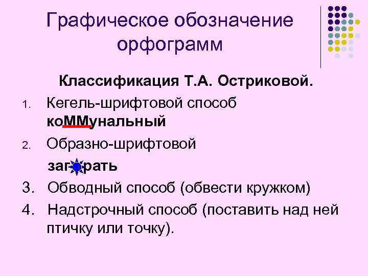 Графическое обозначение орфограмм Классификация Т. А. Остриковой. 1. Кегель-шрифтовой способ ко. ММунальный 2. Образно-шрифтовой