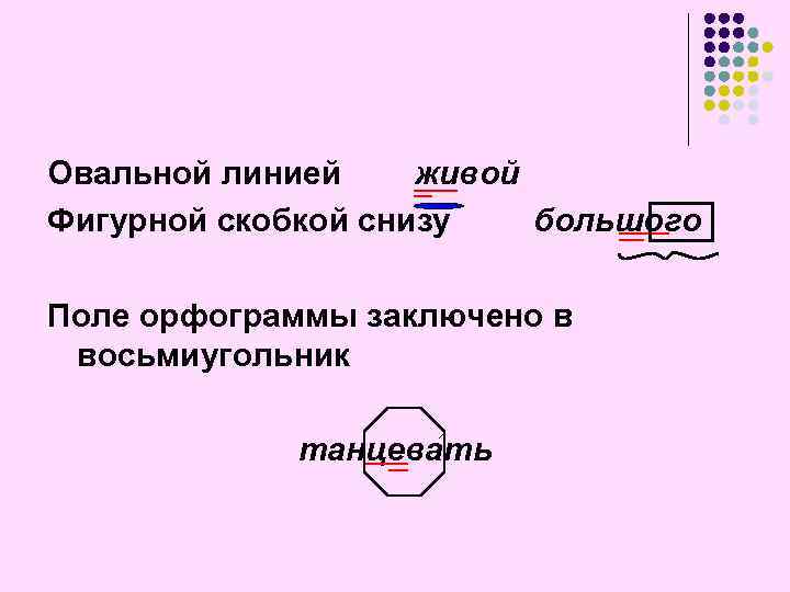 Овальной линией живой Фигурной скобкой снизу большого Поле орфограммы заключено в восьмиугольник танцевать 