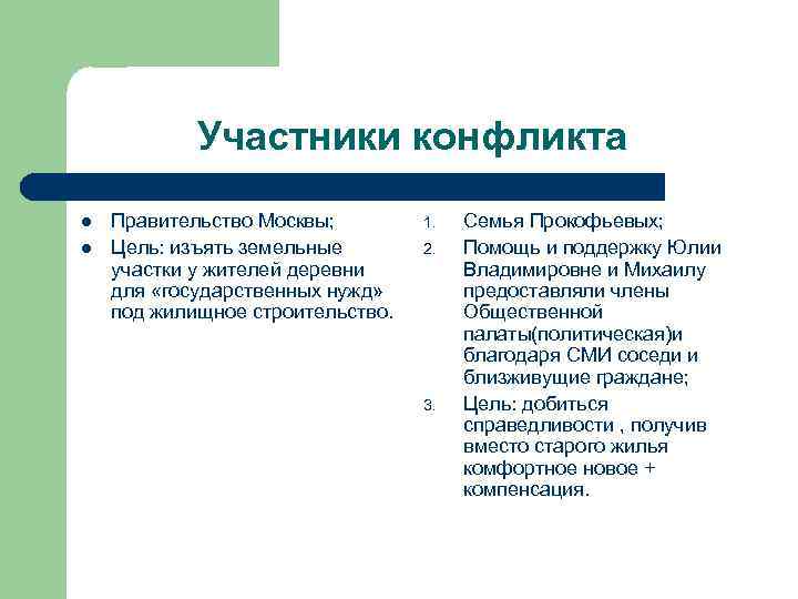 Участники конфликта l l Правительство Москвы; Цель: изъять земельные участки у жителей деревни для