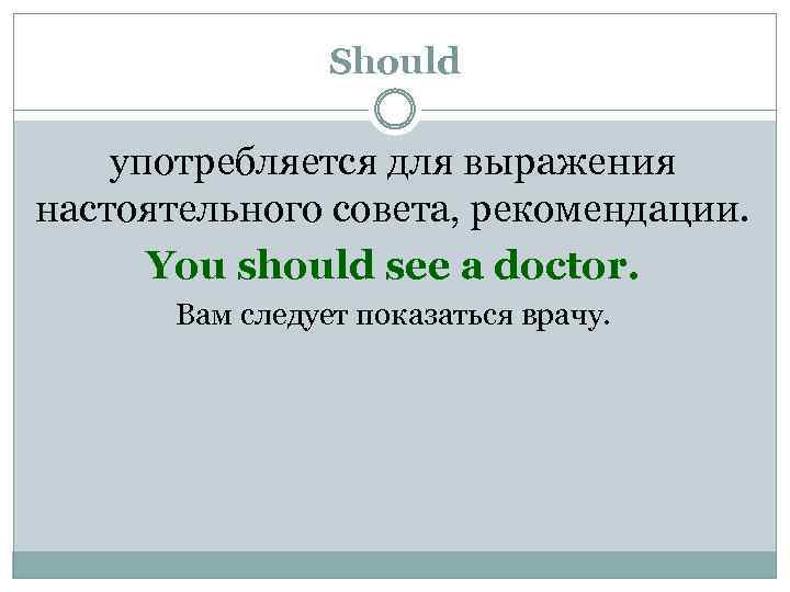 Should употребляется для выражения настоятельного совета, рекомендации. You should see a doctor. Вам следует
