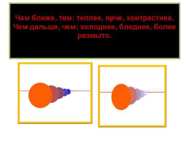 Чем ближе, тем: теплее, ярче, контрастнее. Чем дальше, чем: холоднее, бледнее, более размыто. 