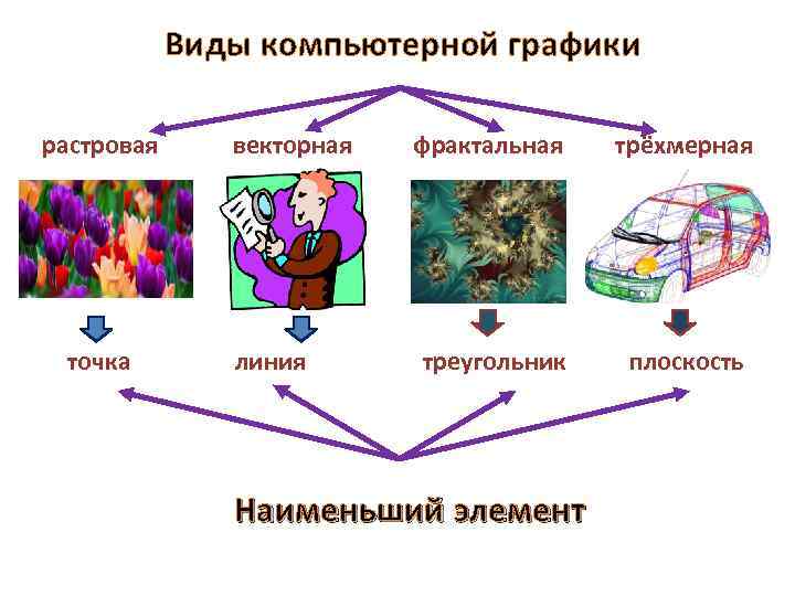 Виды компьютерной графики растровая точка векторная линия фрактальная трёхмерная треугольник плоскость Наименьший элемент Наименьший
