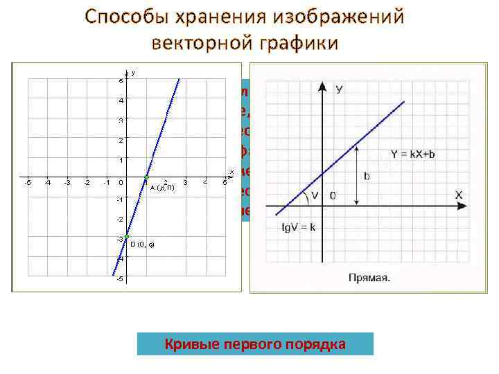 Способы хранения изображений векторной графики Компьютер хранит элементы изображения (линии, кривые, фигуры) в виде