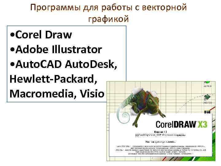 Программы для работы с векторной графикой • Corel Draw • Adobe Illustrator • Auto.