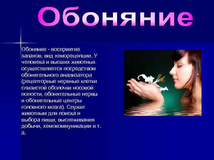 Обоняние - восприятие запахов, вид хеморецепции. У человека и высших животных осуществляется посредством обонятельного