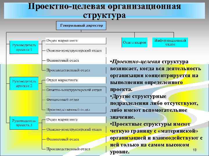 Проектно-целевая организационная структура • Проектно-целевая структура возникает, когда вся деятельность организации концентрируется на выполнении
