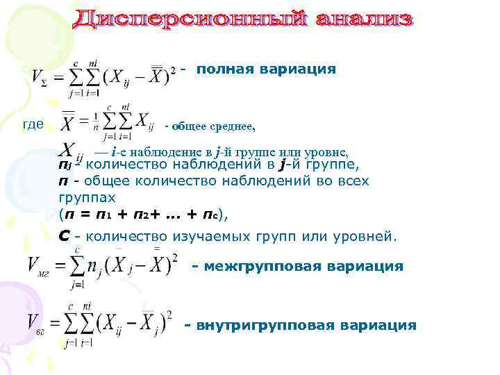 - полная вариация где - общее среднее, — i-е наблюдение в j-й группе или