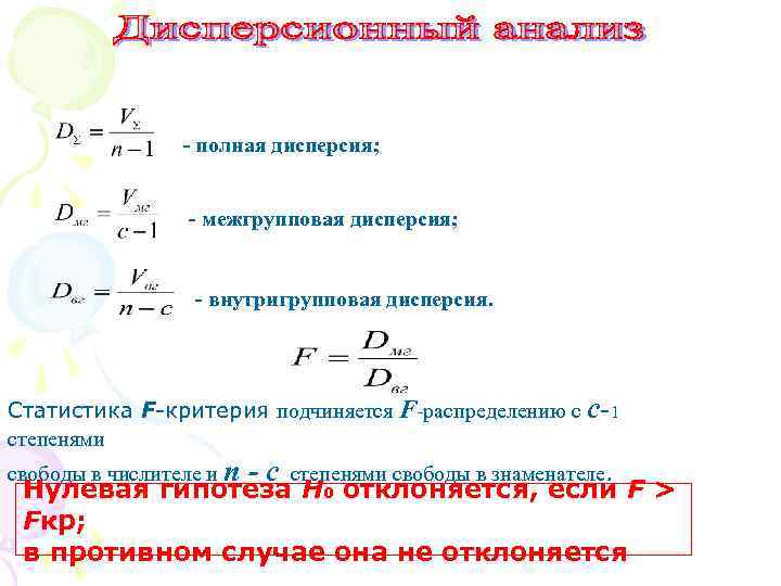- полная дисперсия; - межгрупповая дисперсия; - внутригрупповая дисперсия. Статистика F-критерия подчиняется F-распределению с