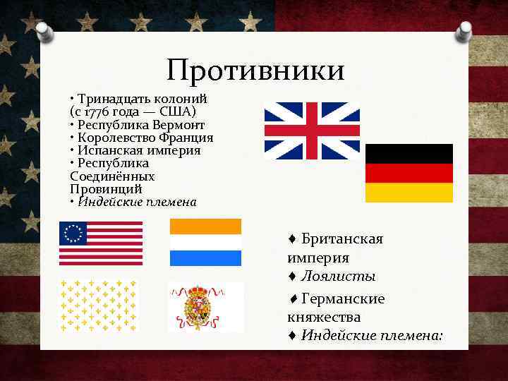 Противники • Тринадцать колоний (с 1776 года — США) • Республика Вермонт • Королевство