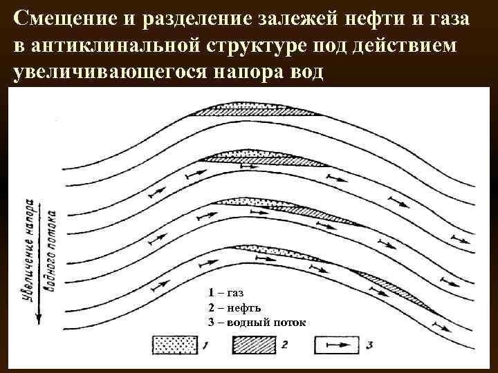 Смещение и разделение залежей нефти и газа в антиклинальной структуре под действием увеличивающегося напора