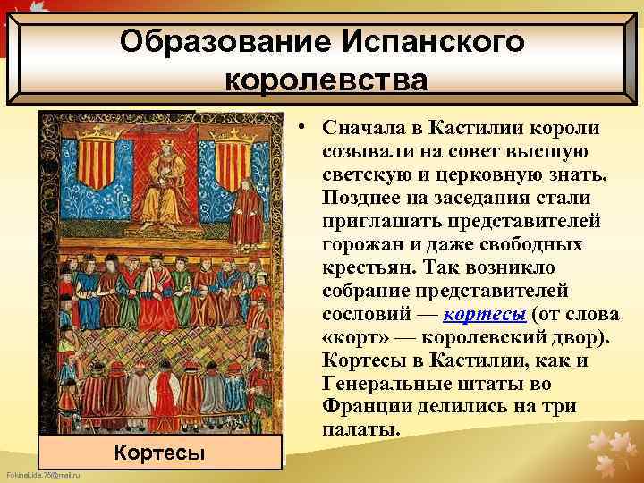 Образование Испанского королевства Кортесы Fokina. Lida. 75@mail. ru • Сначала в Кастилии короли созывали