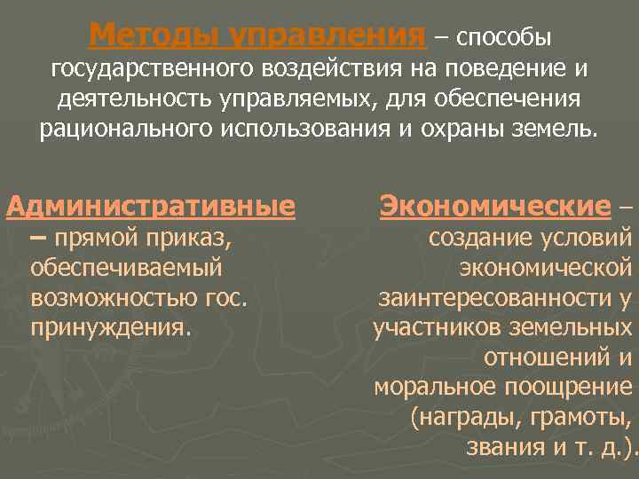 Методы управления – способы государственного воздействия на поведение и деятельность управляемых, для обеспечения рационального