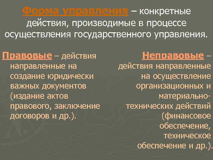 Форма управления – конкретные действия, производимые в процессе осуществления государственного управления. Правовые – действия