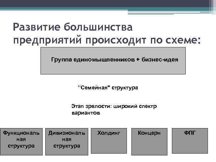 Развитие большинства предприятий происходит по схеме: Группа единомышленников + бизнес-идея “Семейная
