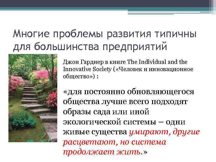 Многие проблемы развития типичны для большинства предприятий. Джон Гарднер в книге The Individual and