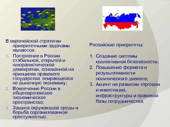 В европейской стратегии приоритетными задачами являются: 1. Построение в России стабильной, открытой и плюралистической