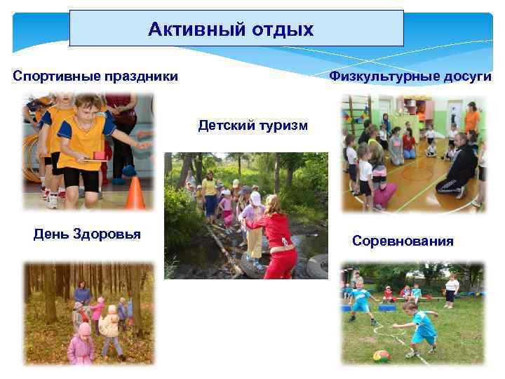 Активный отдых Спортивные праздники Физкультурные досуги Детский туризм День Здоровья Соревнования 