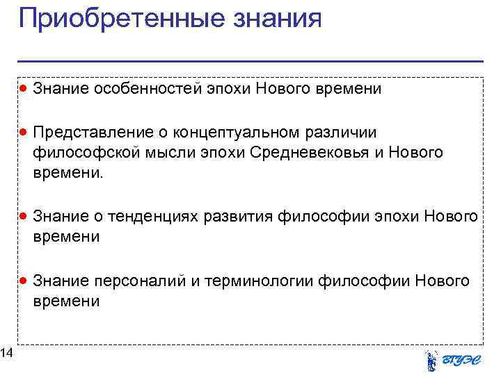 14 Приобретенные знания Знание особенностей эпохи Нового времени Представление о концептуальном различии философской мысли