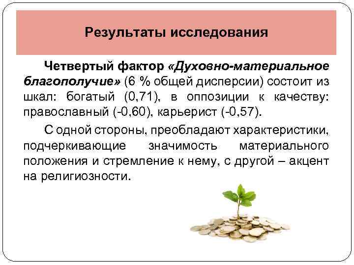 Результаты исследования Четвертый фактор «Духовно-материальное благополучие» (6 % общей дисперсии) состоит из шкал: богатый