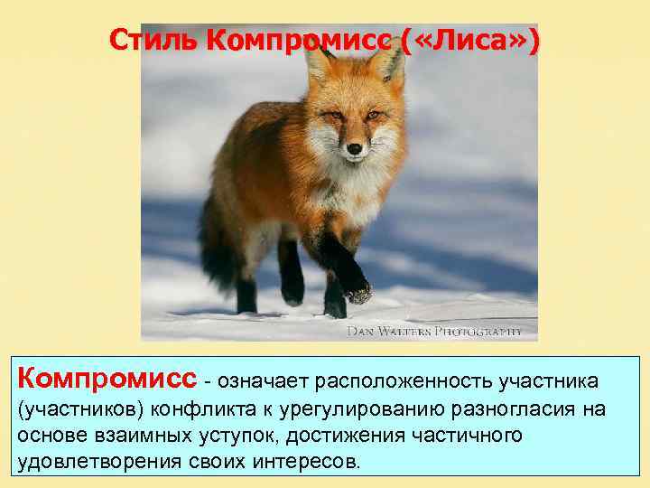 Стиль Компромисс ( «Лиса» ) Компромисс - означает расположенность участника (участников) конфликта к урегулированию
