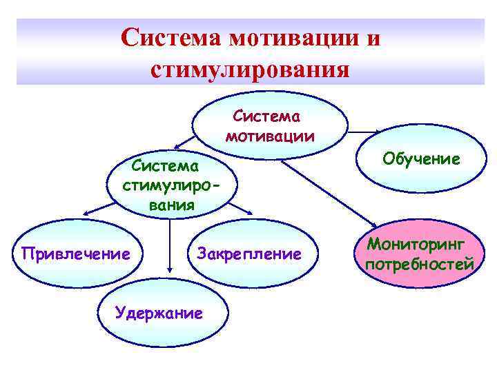 Система мотивации и стимулирования Система мотивации Система стимулирования Привлечение Закрепление Удержание Обучение Мониторинг потребностей