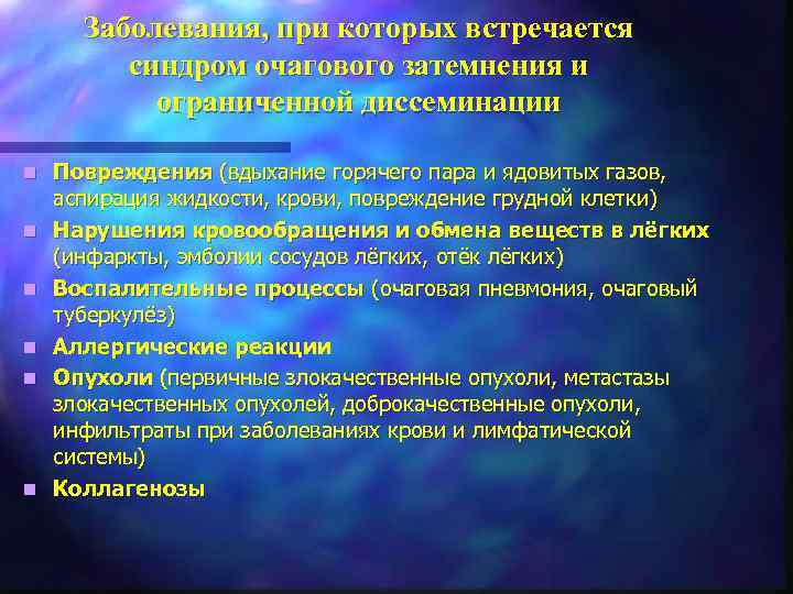 Заболевания, при которых встречается синдром очагового затемнения и ограниченной диссеминации n n n Повреждения