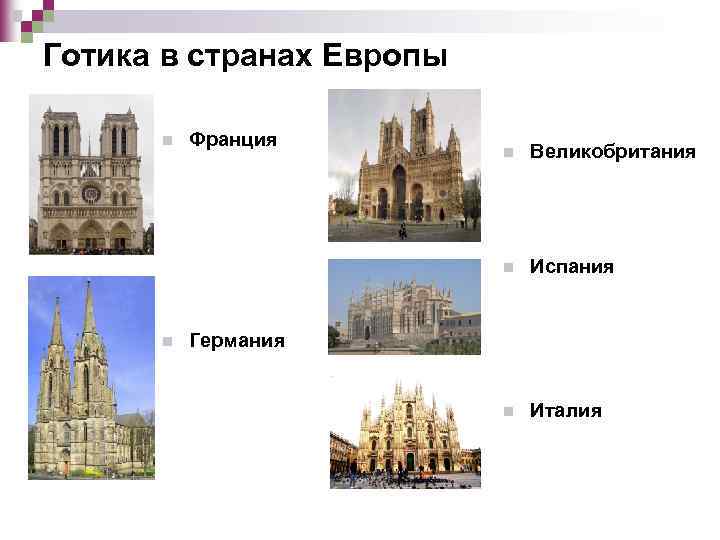 Готика в странах Европы n Франция Великобритания n n n Испания n Италия Германия