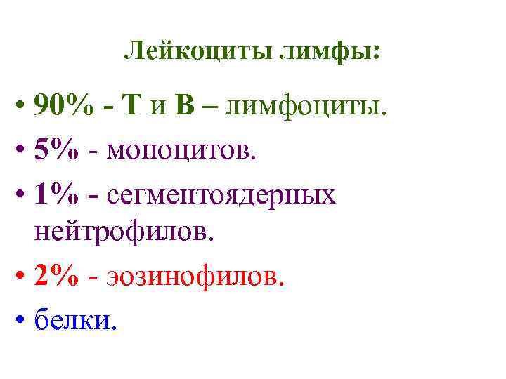 Лейкоциты лимфы: • 90% - Т и В – лимфоциты. • 5% - моноцитов.