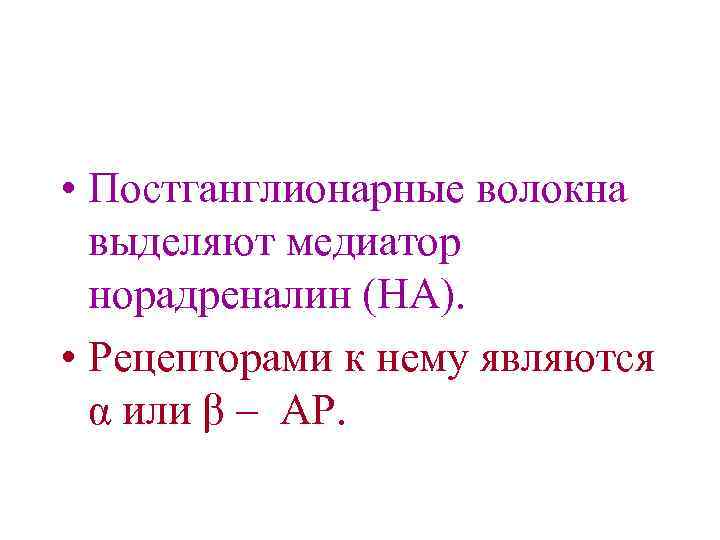  • Постганглионарные волокна выделяют медиатор норадреналин (НА). • Рецепторами к нему являются α